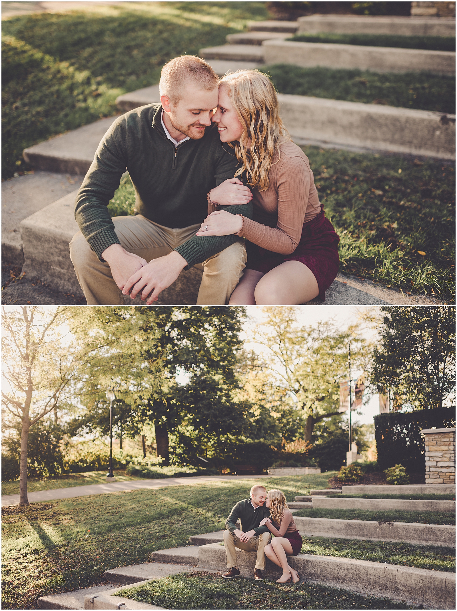 Kayla & Brandon's fall Naperville Riverwalk engagement session in Naperville with Chicagoland wedding photographer Kara Evans Photographer.