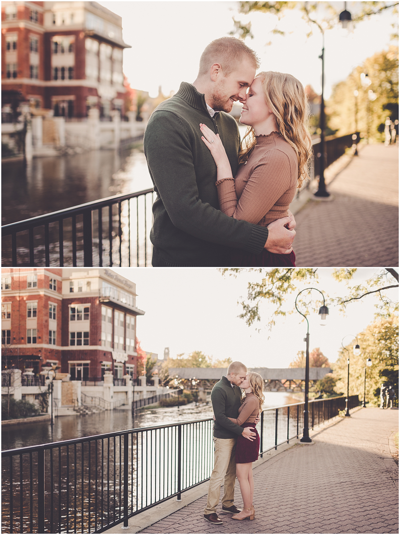 Kayla & Brandon's fall Naperville Riverwalk engagement session in Naperville with Chicagoland wedding photographer Kara Evans Photographer.