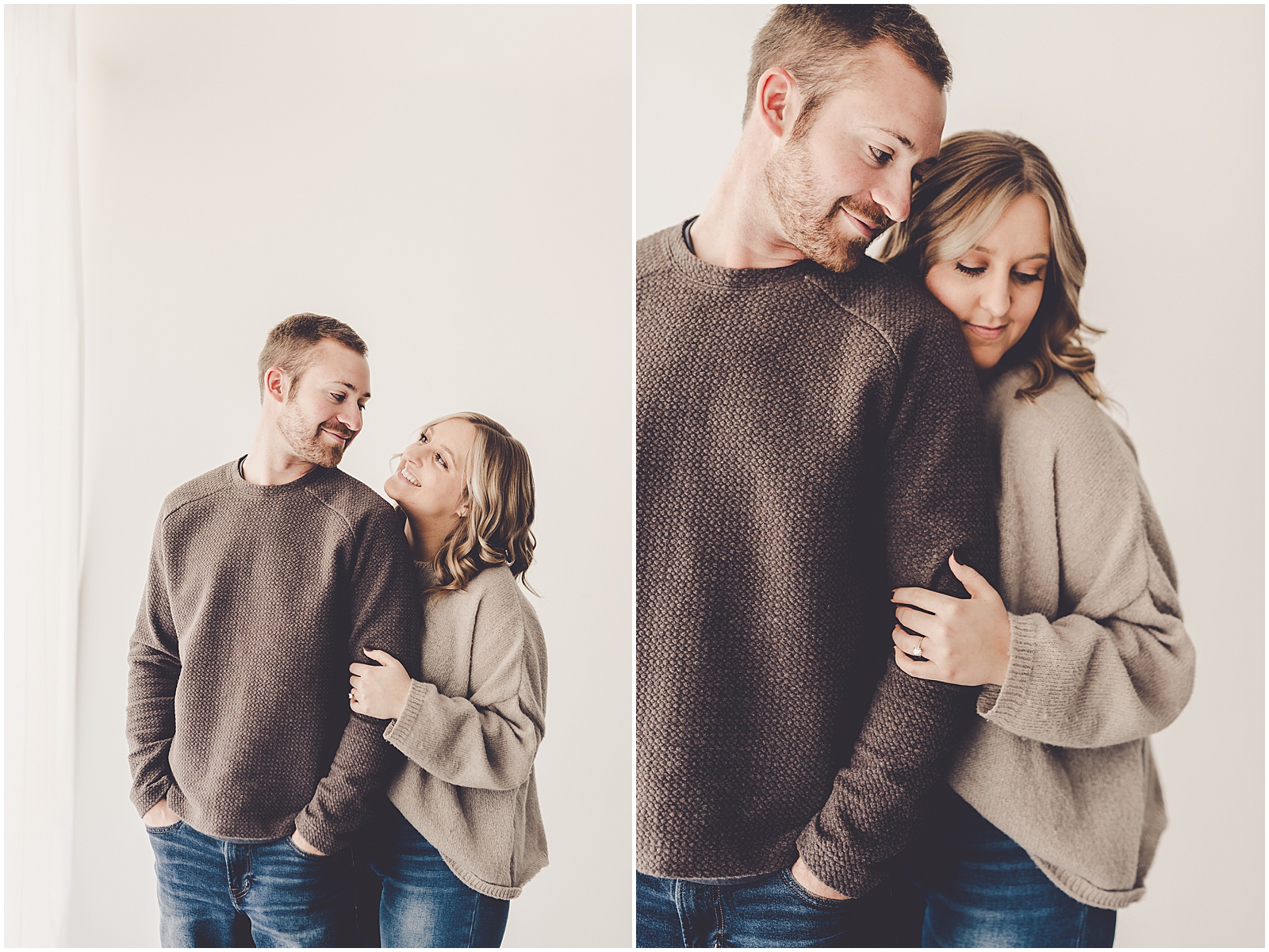 Abby and Max's studio and tree farm engagement photos in Kankakee, Illinois with Chicagoland wedding photographer Kara Evans Photographer.