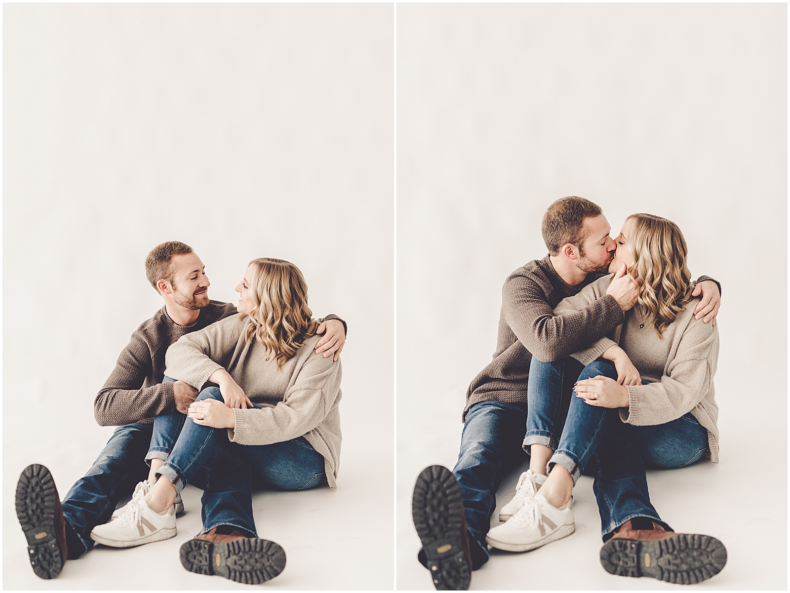 Abby and Max's studio and tree farm engagement photos in Kankakee, Illinois with Chicagoland wedding photographer Kara Evans Photographer.