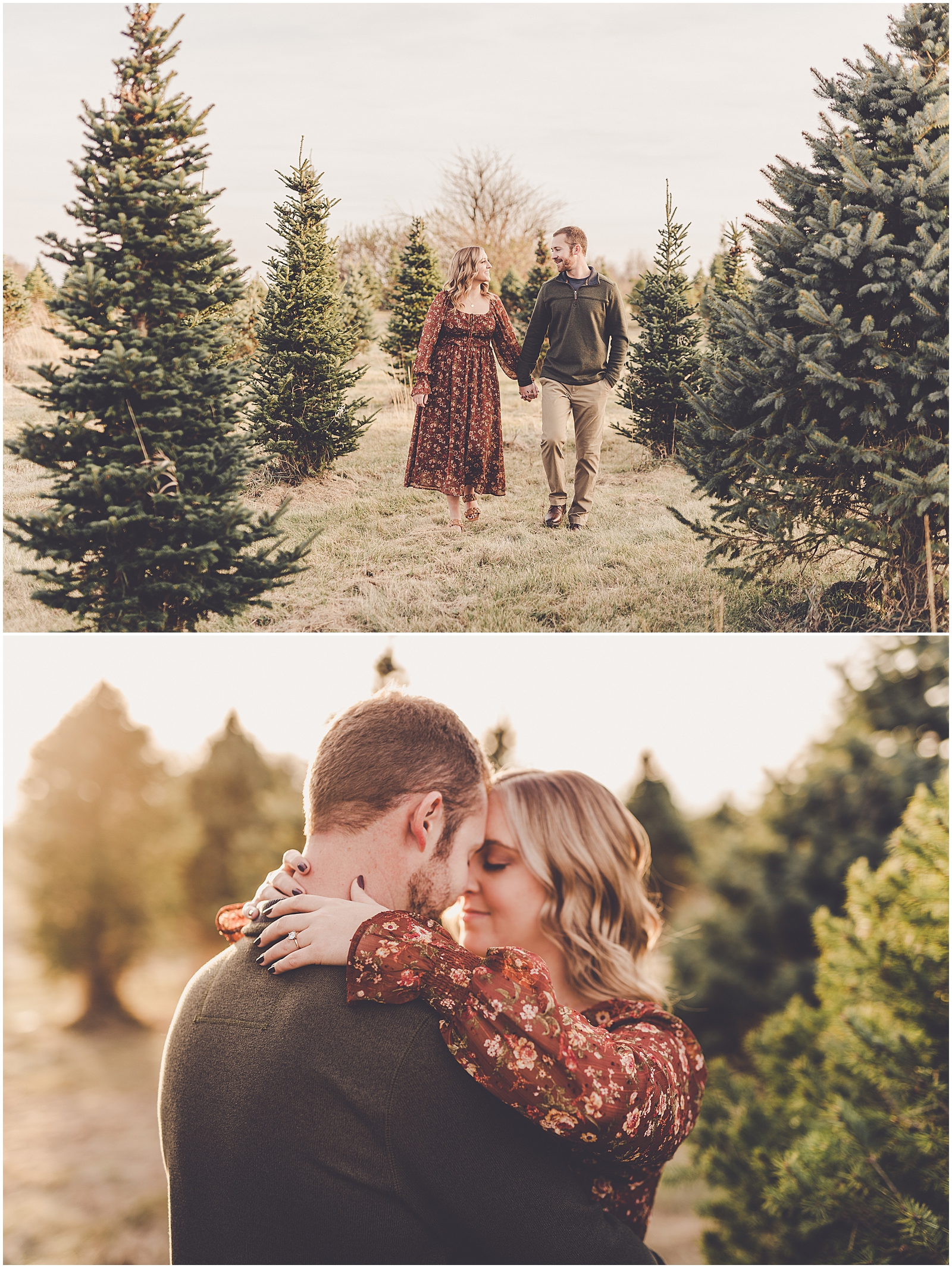 Abby and Max's studio and tree farm engagement photos in Kankakee, Illinois with Chicagoland wedding photographer Kara Evans Photographer.