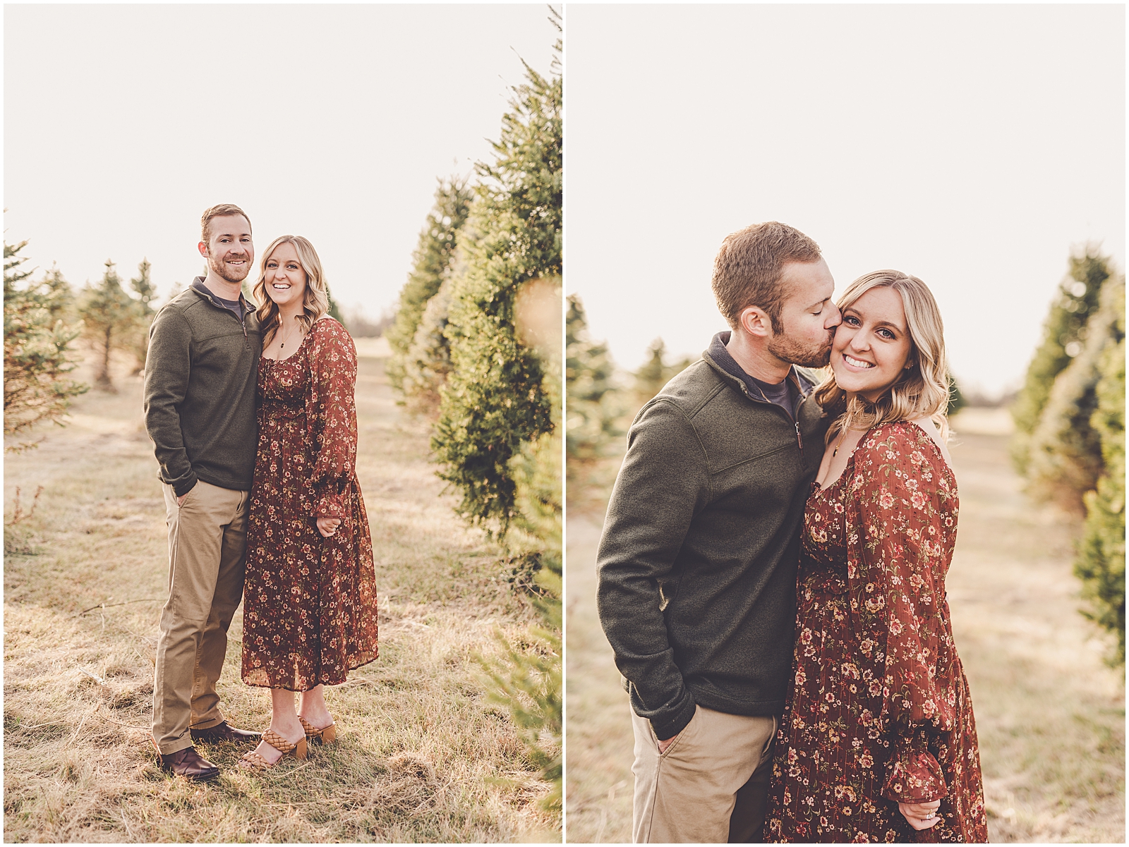 Abby and Max's studio and tree farm engagement photos in Kankakee, Illinois with Chicagoland wedding photographer Kara Evans Photographer.