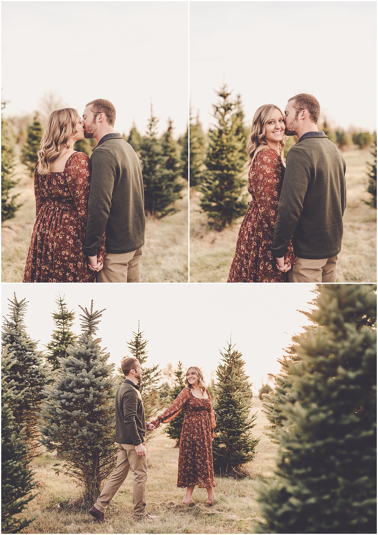 Abby and Max's studio and tree farm engagement photos in Kankakee, Illinois with Chicagoland wedding photographer Kara Evans Photographer.