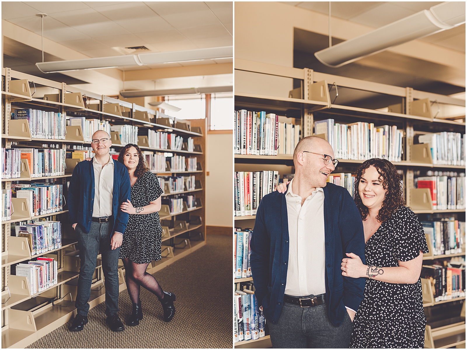 Lizzie & Jake's library engagement session in New Lenox, Illinois with Chicagoland wedding photographer Kara Evans Photographer.