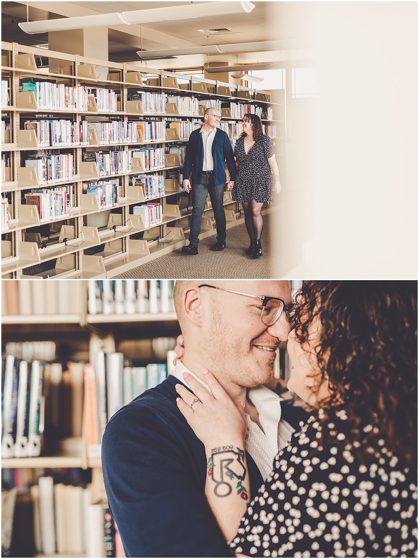 Lizzie & Jake's library engagement session in New Lenox, Illinois with Chicagoland wedding photographer Kara Evans Photographer.