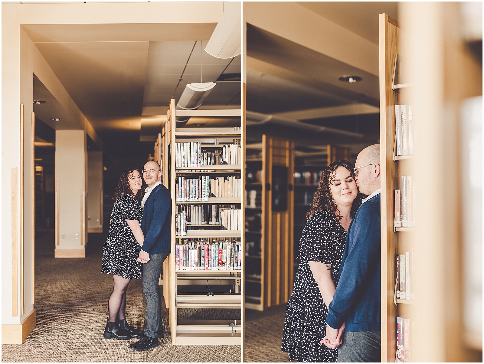 Lizzie & Jake's library engagement session in New Lenox, Illinois with Chicagoland wedding photographer Kara Evans Photographer.