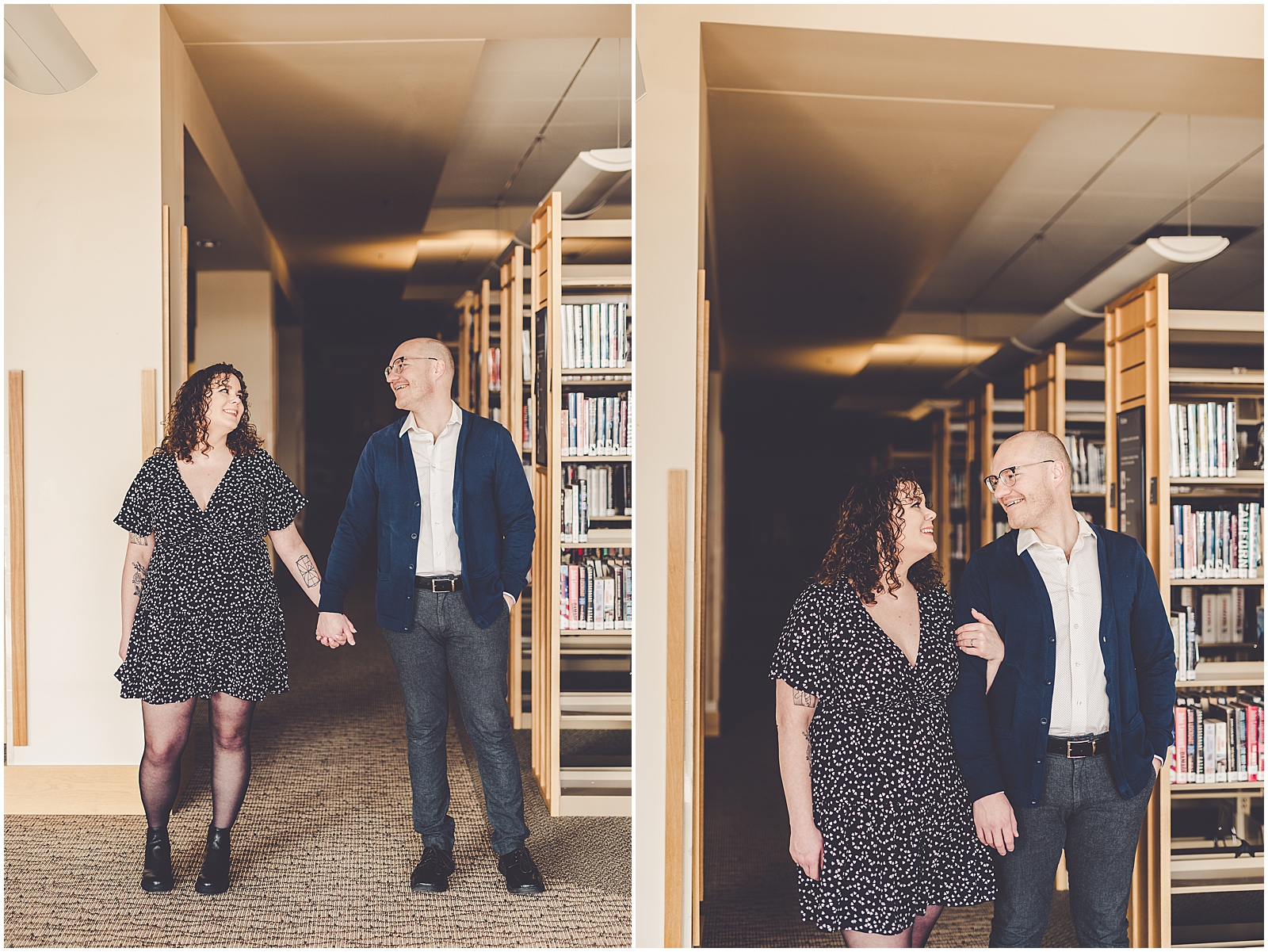 Lizzie & Jake's library engagement session in New Lenox, Illinois with Chicagoland wedding photographer Kara Evans Photographer.