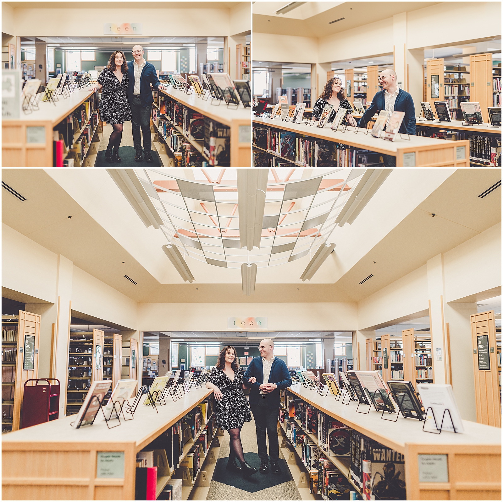 Lizzie & Jake's library engagement session in New Lenox, Illinois with Chicagoland wedding photographer Kara Evans Photographer.