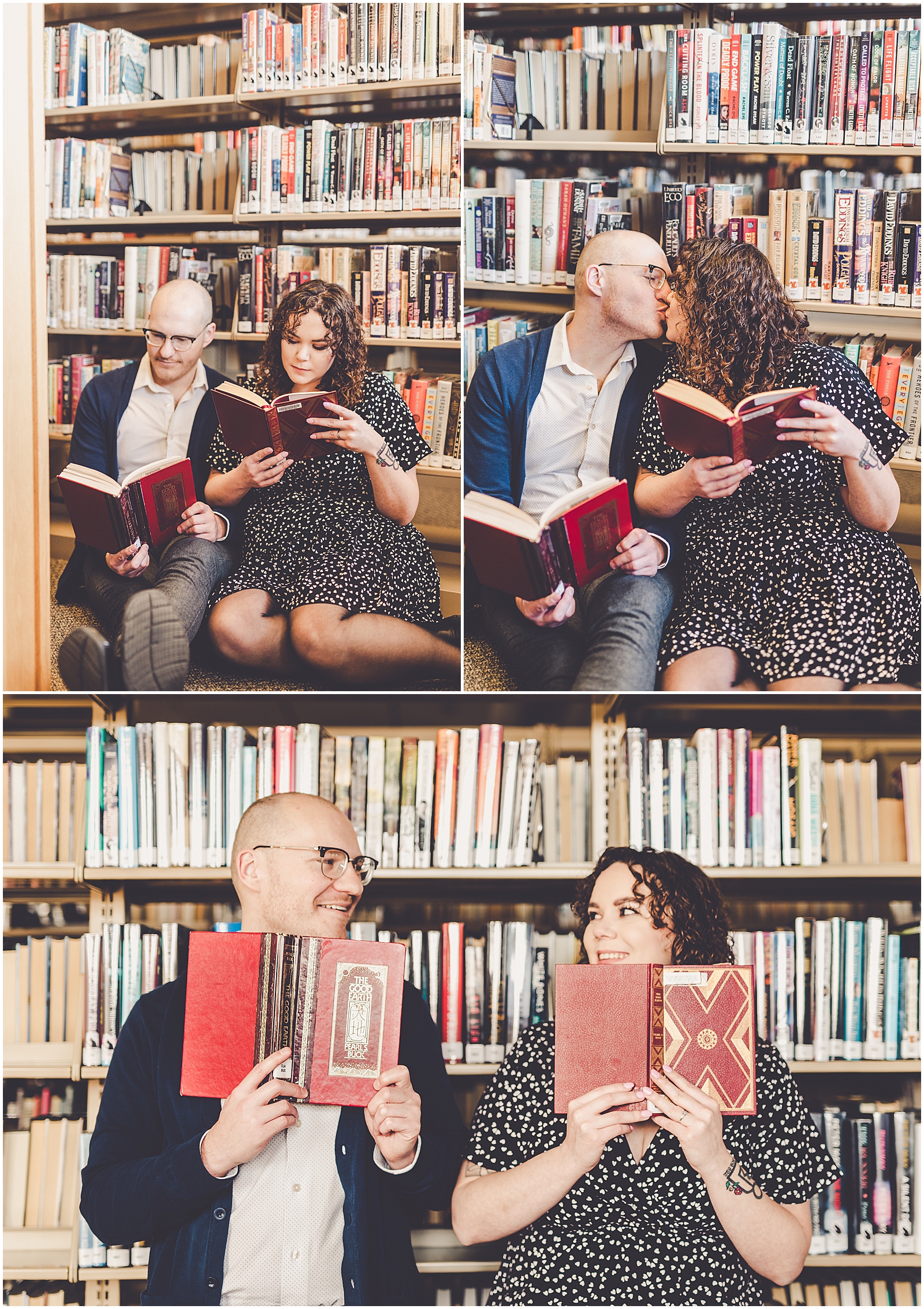 Lizzie & Jake's library engagement session in New Lenox, Illinois with Chicagoland wedding photographer Kara Evans Photographer.