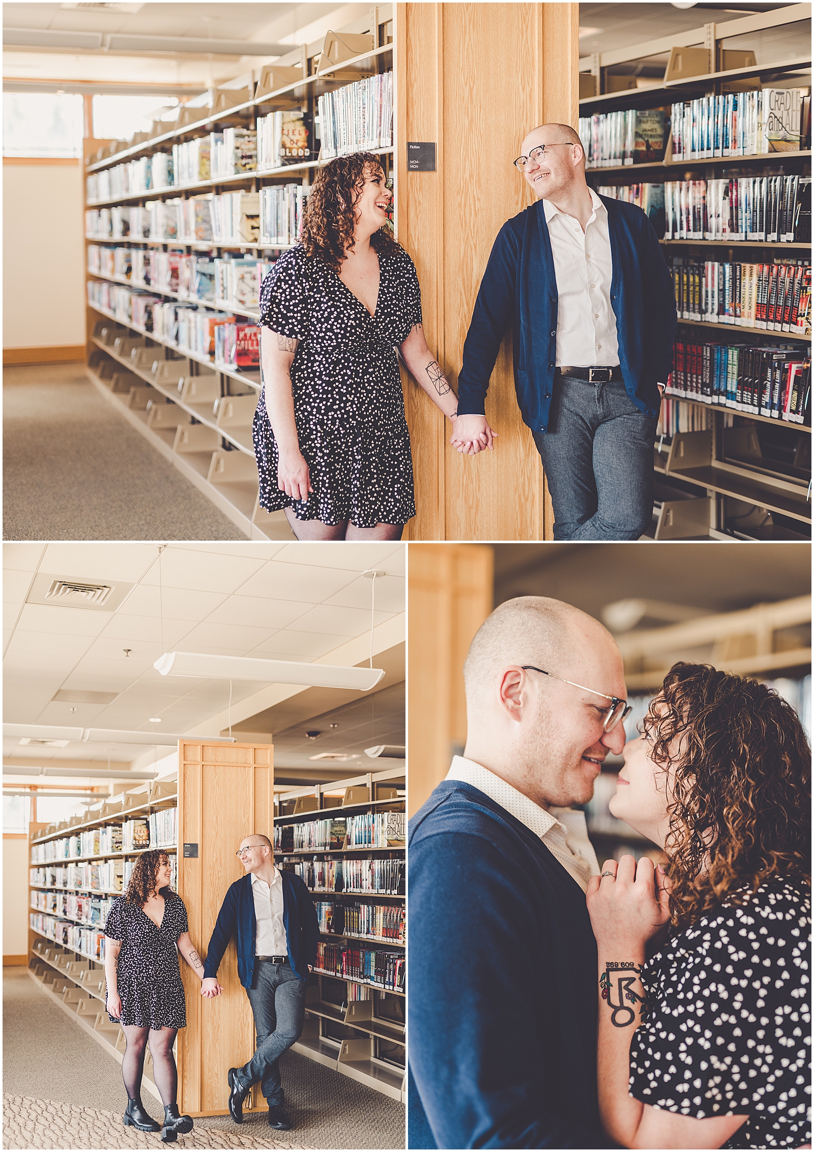 Lizzie & Jake's library engagement session in New Lenox, Illinois with Chicagoland wedding photographer Kara Evans Photographer.