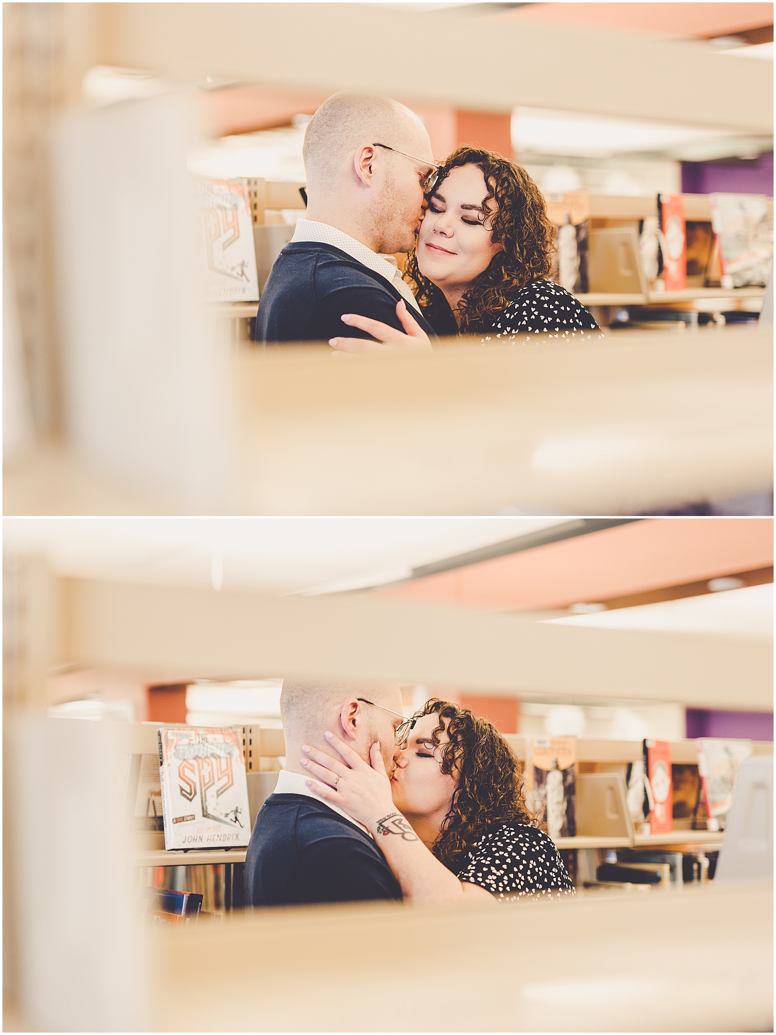 Lizzie & Jake's library engagement session in New Lenox, Illinois with Chicagoland wedding photographer Kara Evans Photographer.