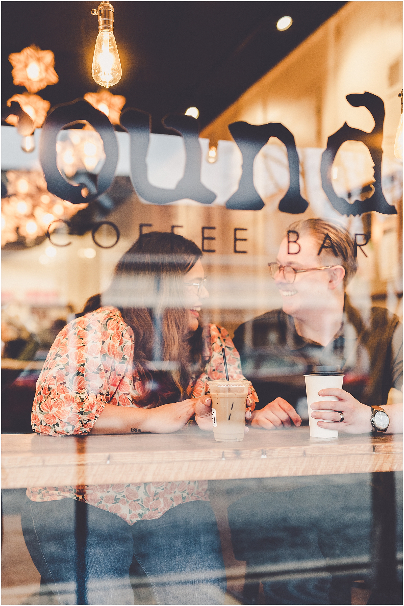 Spring couples session at Grounded Coffee Bar in Frankfort, Illinois with Chicagoland wedding photographer Kara Evans Photographer.