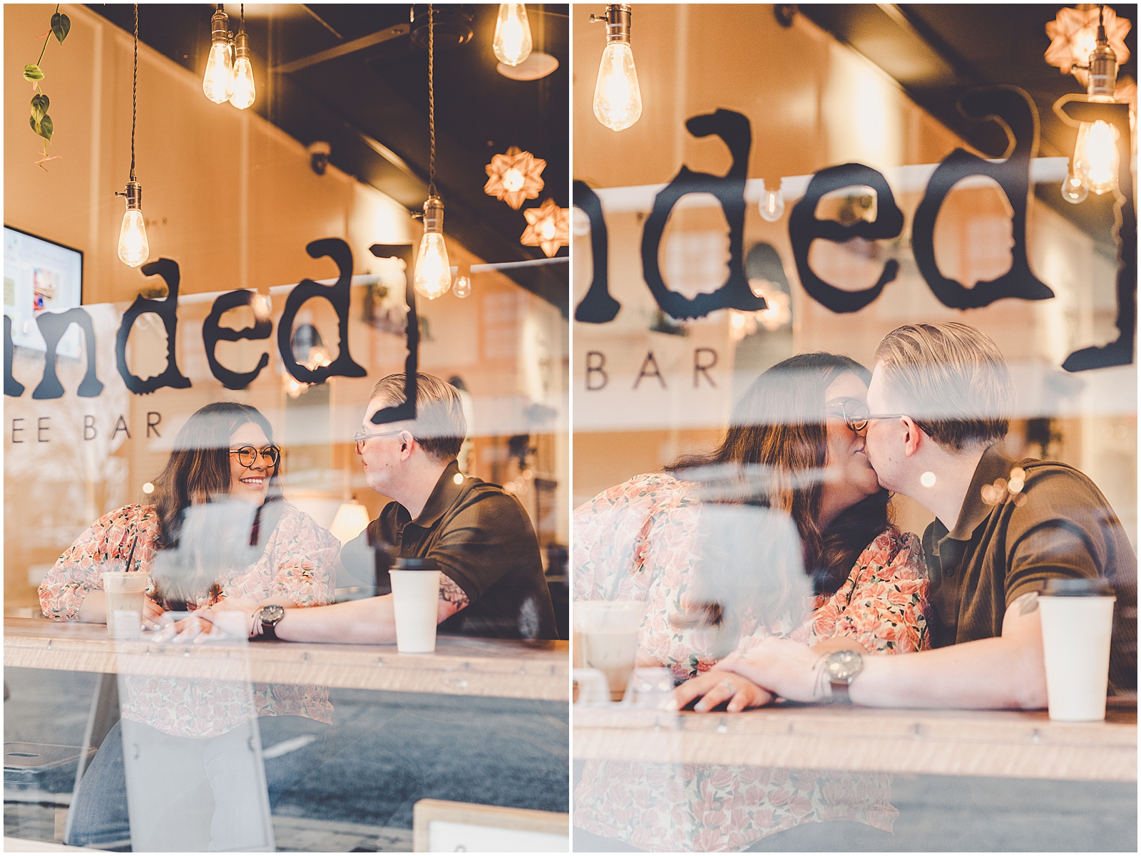 Spring couples session at Grounded Coffee Bar in Frankfort, Illinois with Chicagoland wedding photographer Kara Evans Photographer.