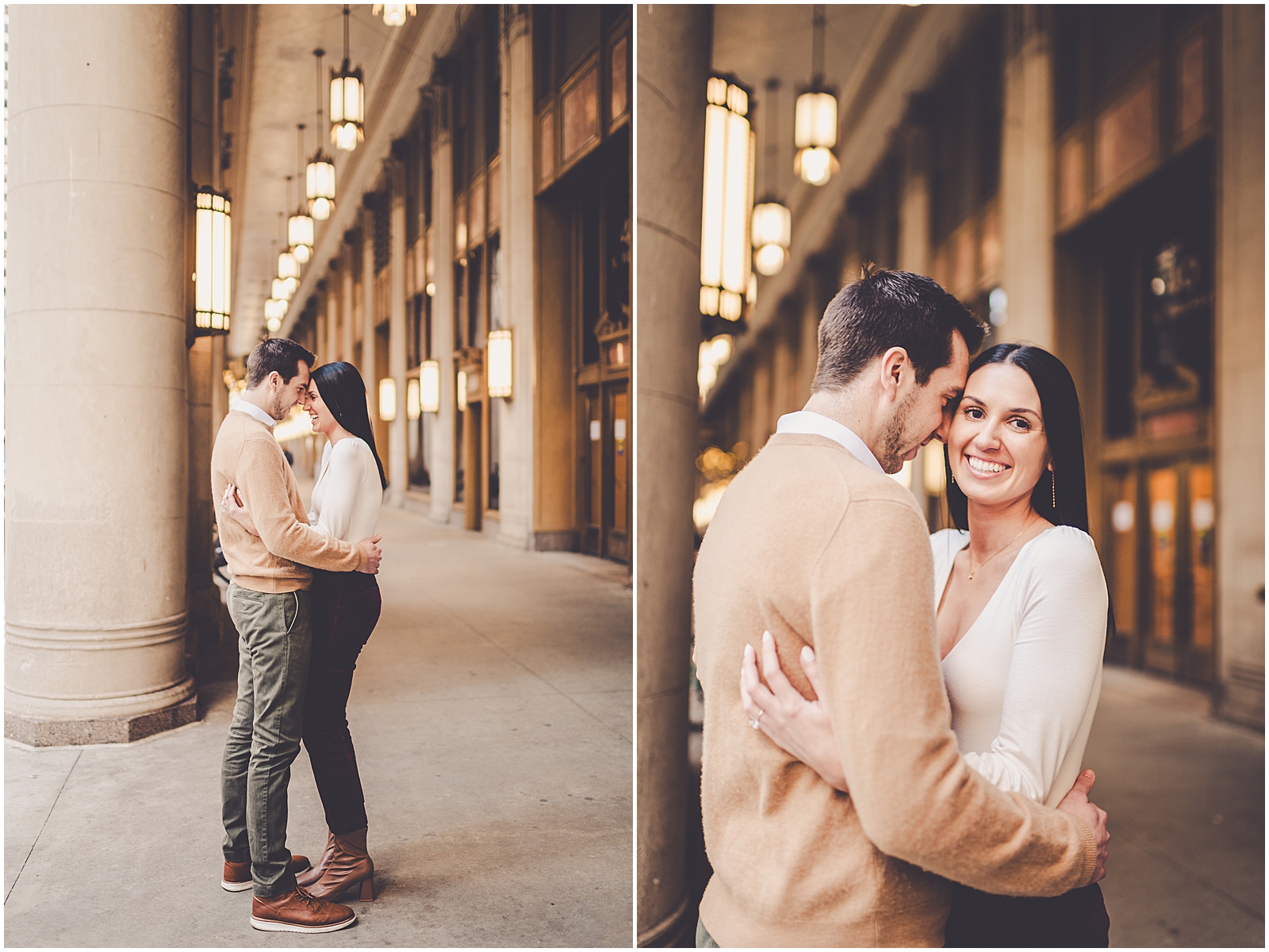 Delaney and Corey's Lyric Opera engagement photos in Chicago with Chicagoland wedding photographer Kara Evans Photographer.