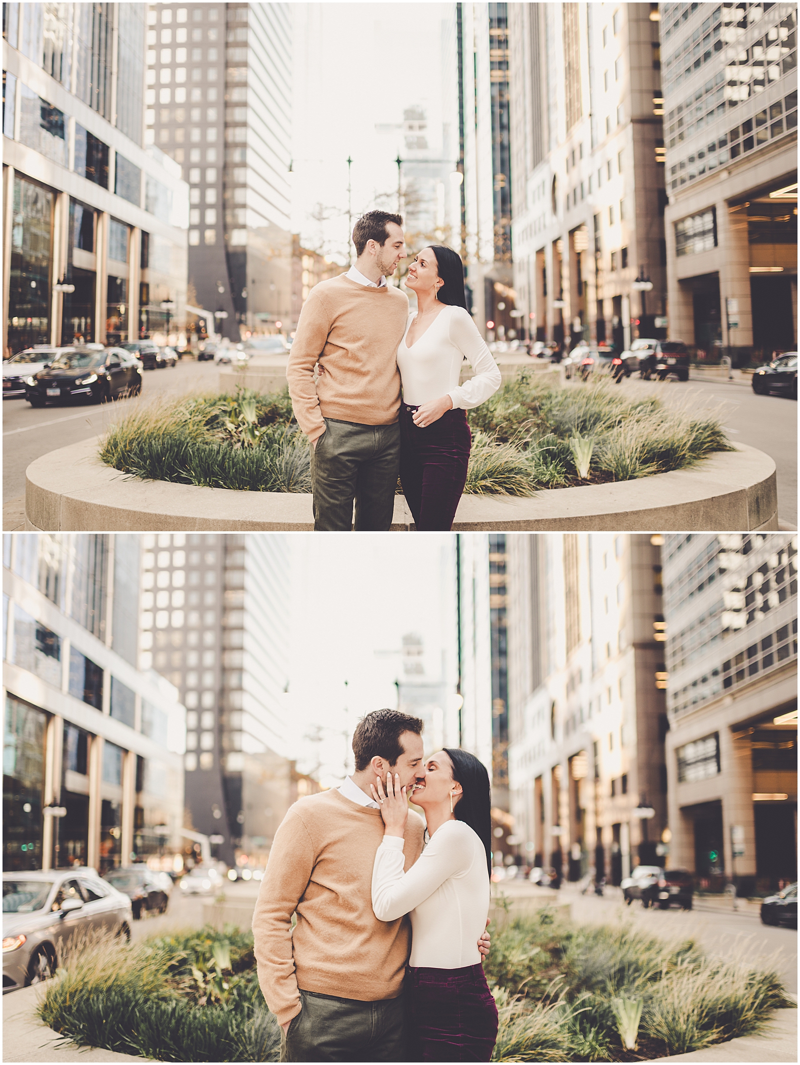 Delaney and Corey's Lyric Opera engagement photos in Chicago with Chicagoland wedding photographer Kara Evans Photographer.