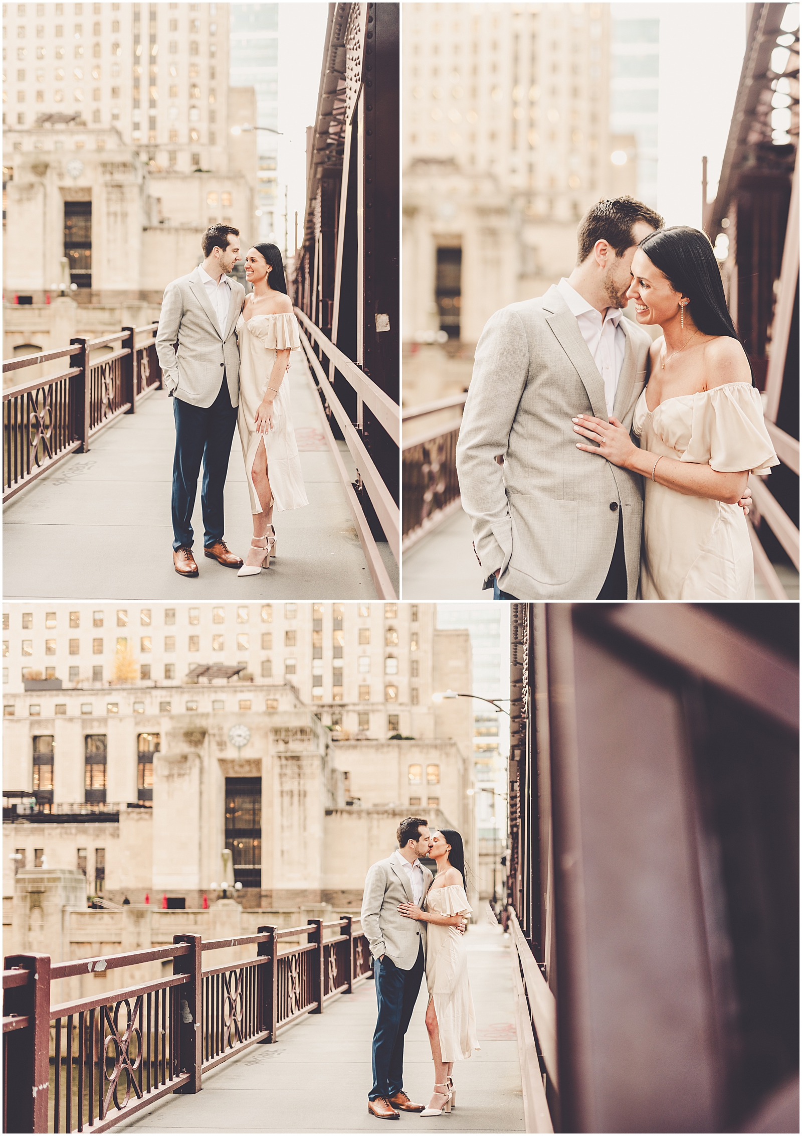 Delaney and Corey's Lyric Opera & Chicago River bridge engagement photos in Chicago with Chicagoland wedding photographer Kara Evans Photographer.