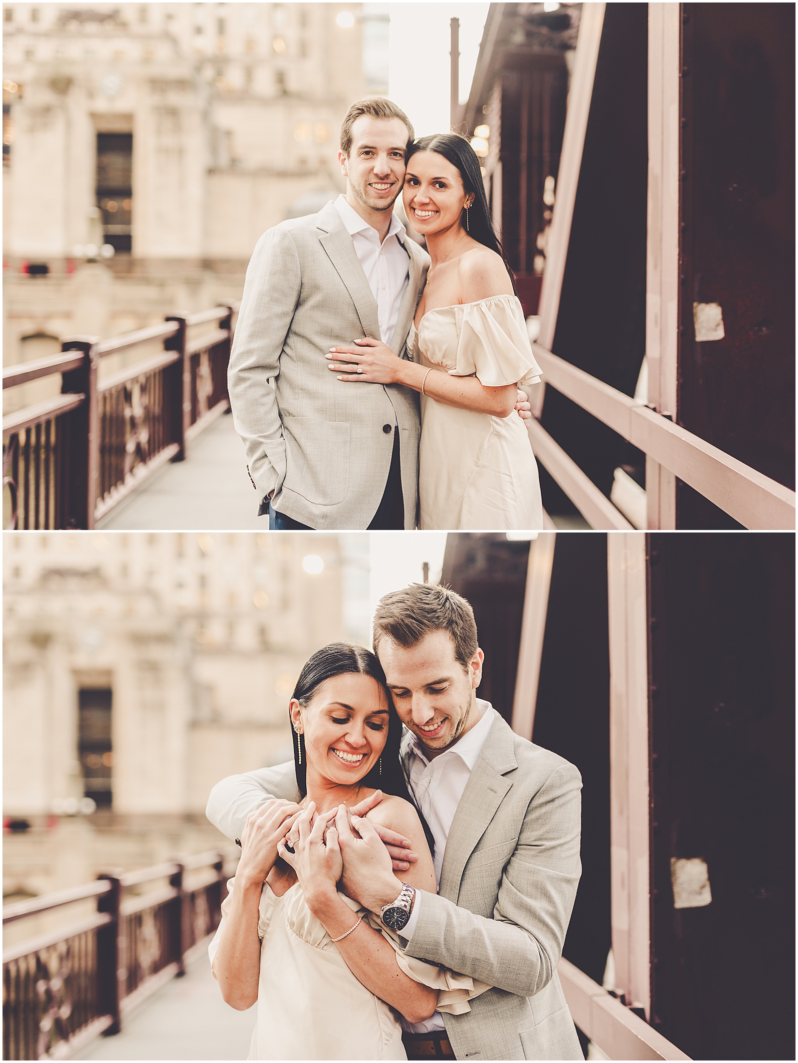 Delaney and Corey's Lyric Opera & Chicago River bridge engagement photos in Chicago with Chicagoland wedding photographer Kara Evans Photographer.