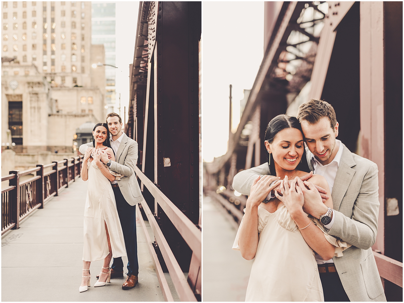 Delaney and Corey's Lyric Opera & Chicago River bridge engagement photos in Chicago with Chicagoland wedding photographer Kara Evans Photographer.