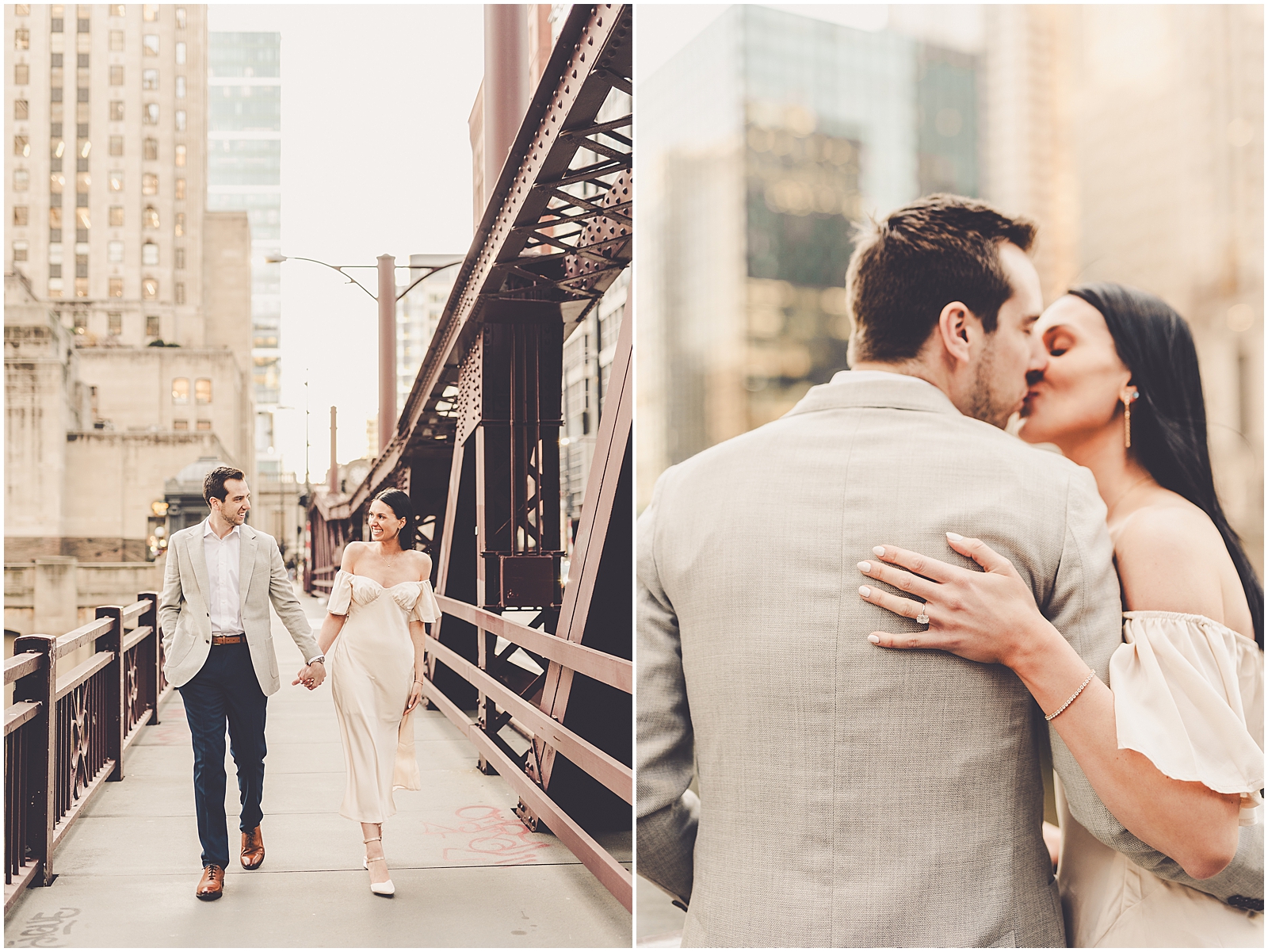 Delaney and Corey's Lyric Opera & Chicago River bridge engagement photos in Chicago with Chicagoland wedding photographer Kara Evans Photographer.