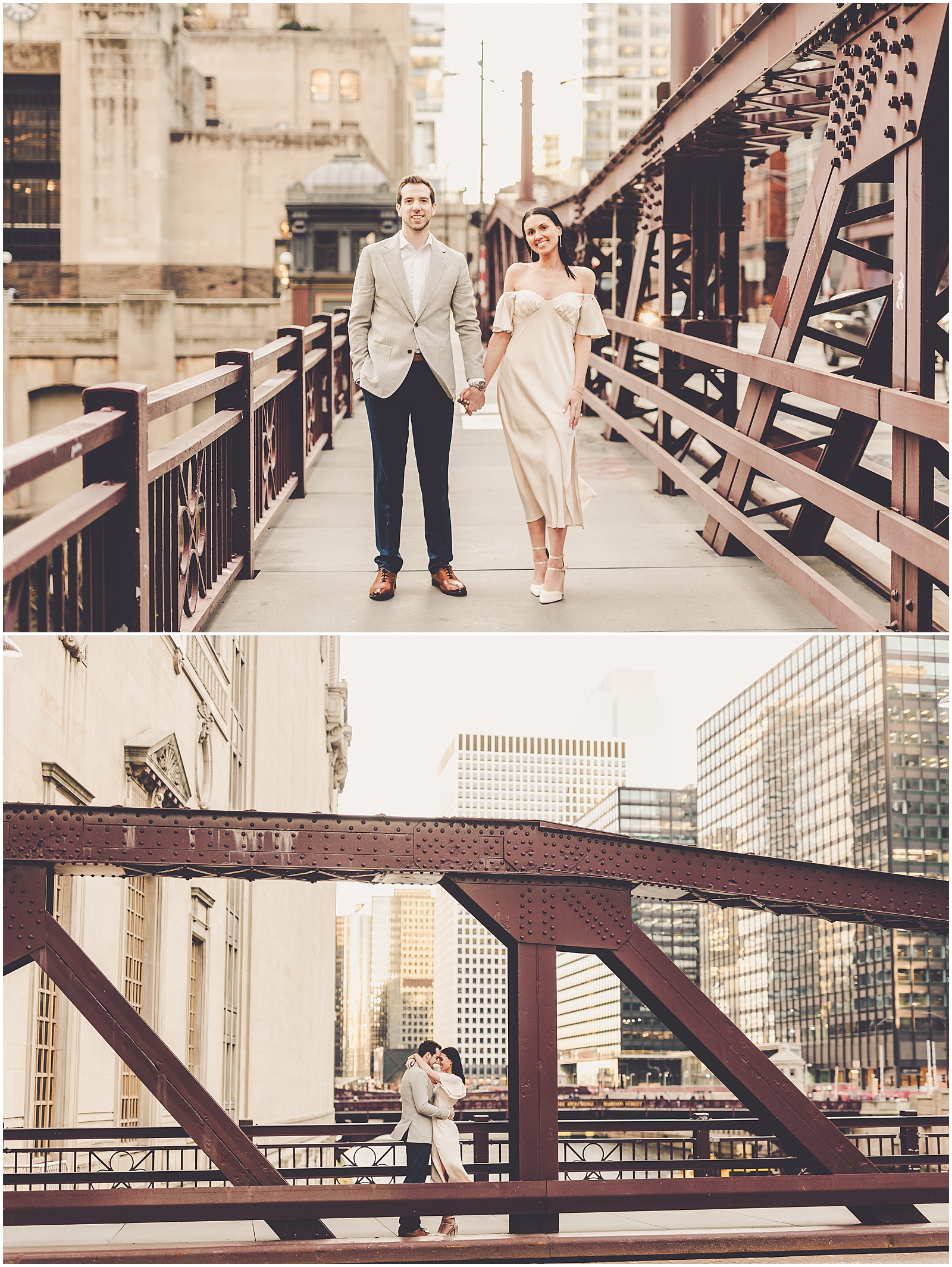 Delaney and Corey's Lyric Opera & Chicago River bridge engagement photos in Chicago with Chicagoland wedding photographer Kara Evans Photographer.