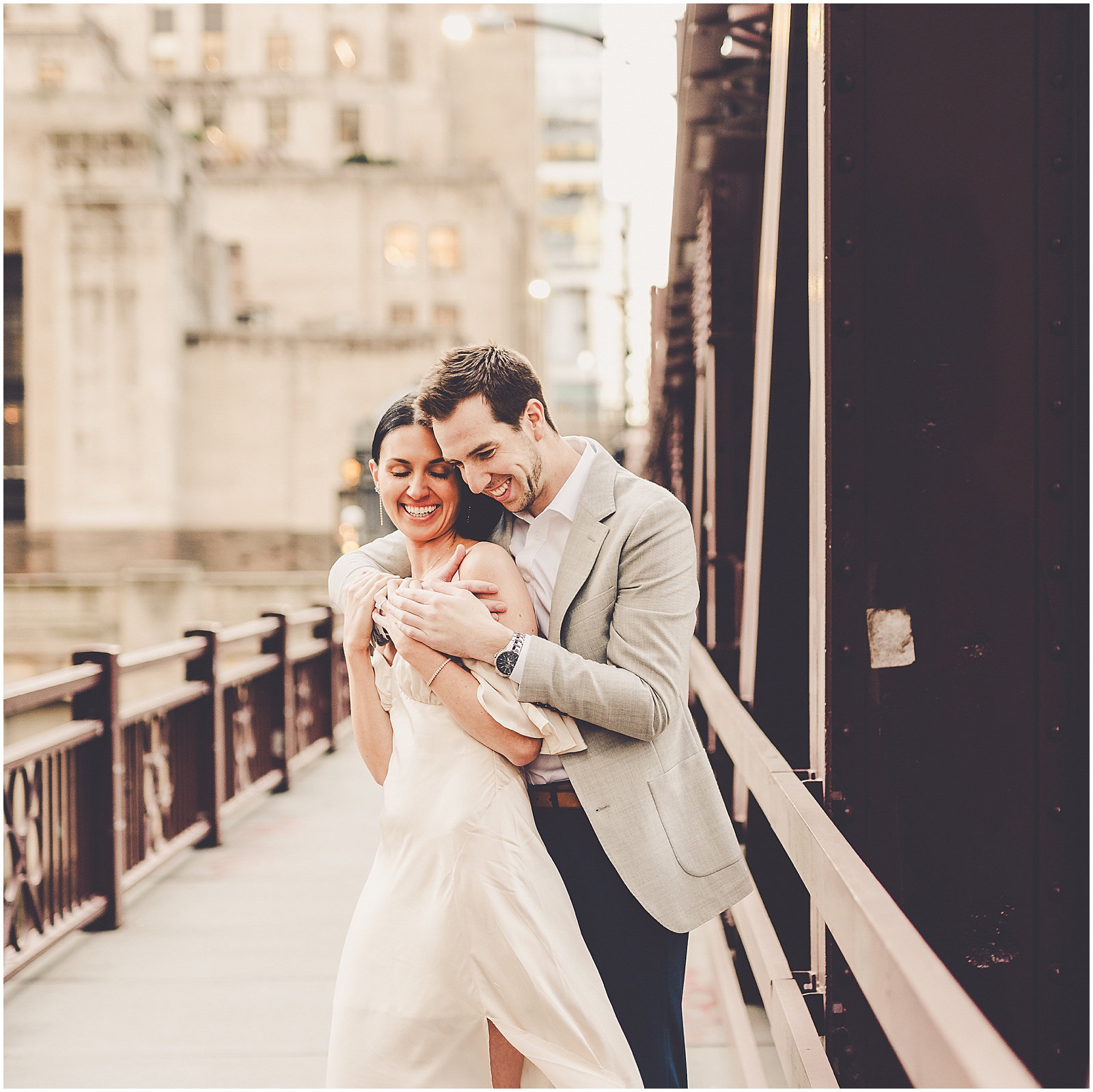 Delaney and Corey's Lyric Opera & Chicago River bridge engagement photos in Chicago with Chicagoland wedding photographer Kara Evans Photographer.