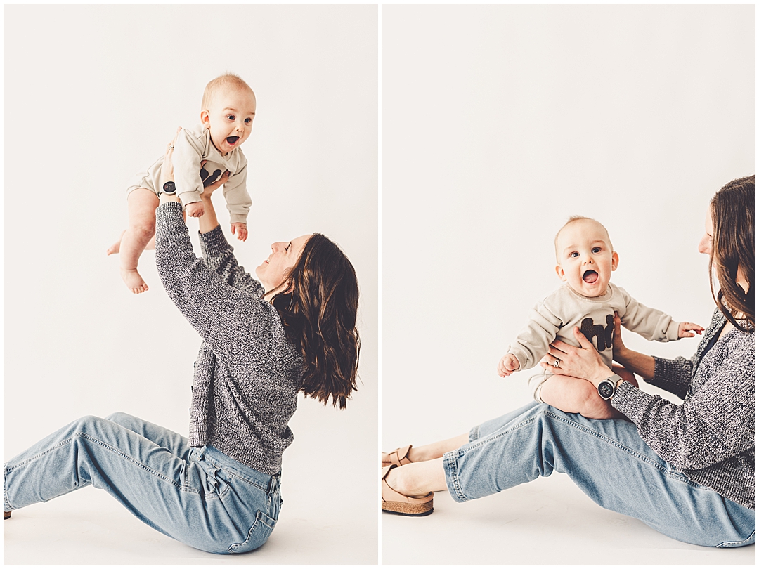 Kankakee studio family and six-month milestone photos with Kankakee family photographer Kara Evans Photographer.