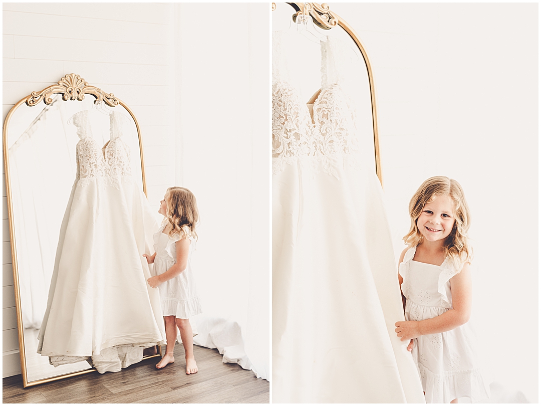 Studio milestone photos in mama's wedding dress – daughter and wedding dress photoshoot at Studio 388 in Kankakee, Illinois.