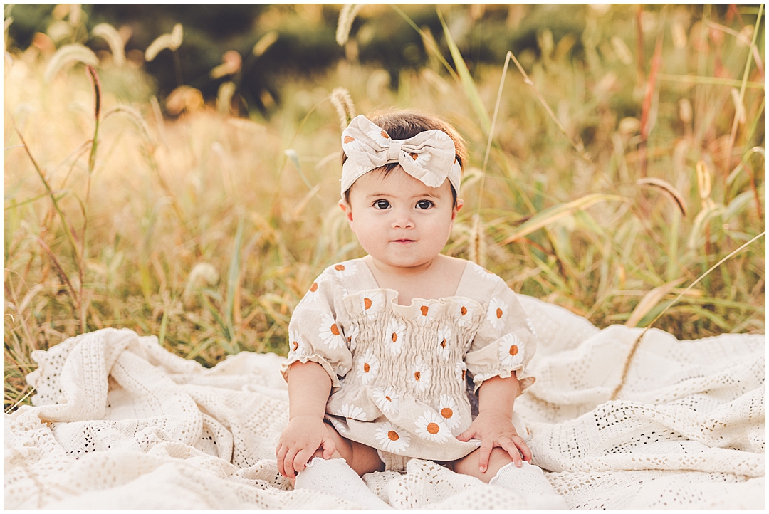 Late summer nine-month baby milestone photos at Perry Farm with Iroquois and Kankakee County family photographer Kara Evans photographer.