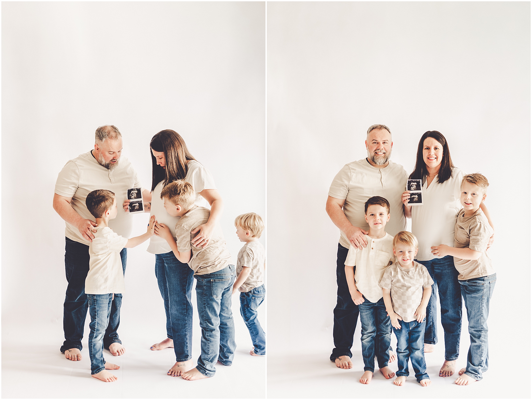 Studio pregnancy announcement family photo ideas with Kankakee family photographer Kara Evans Photographer.