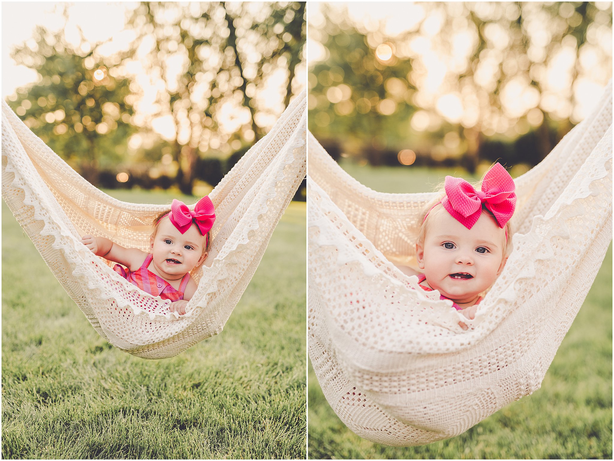 Celebrating baby Kambry's eight-month milestone with a playful, pink-filled summer backyard session in Kankakee County.