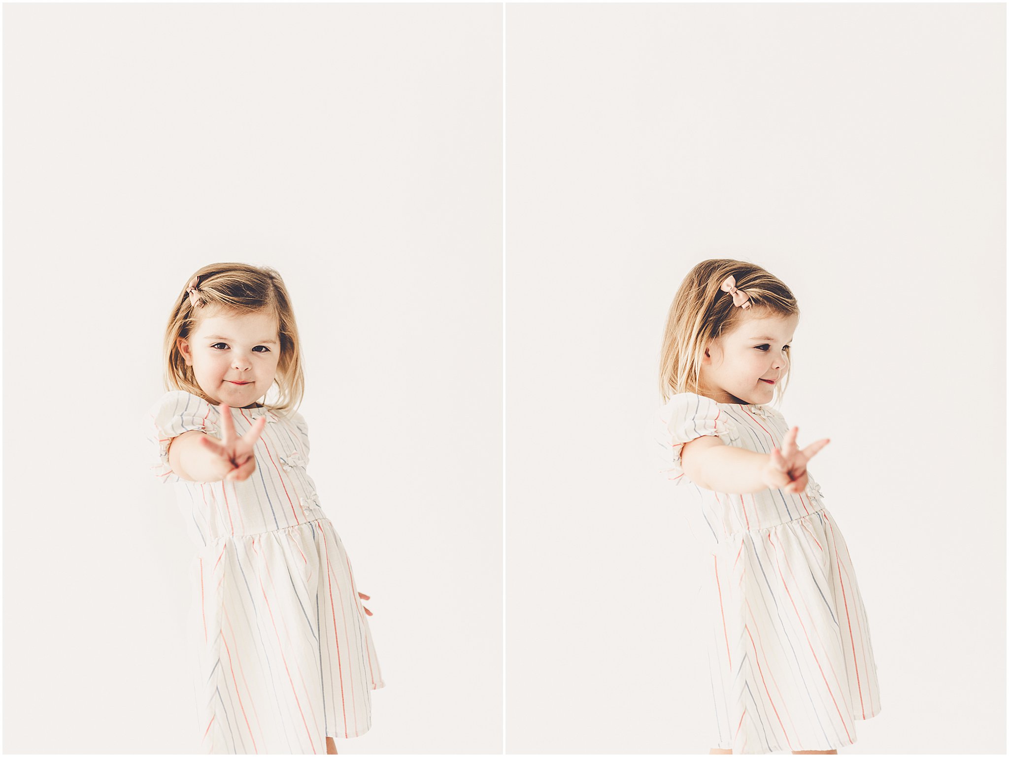 Inspiration for studio three-year milestone photos with Kankakee family and milestone photographer Kara Evans Photographer.