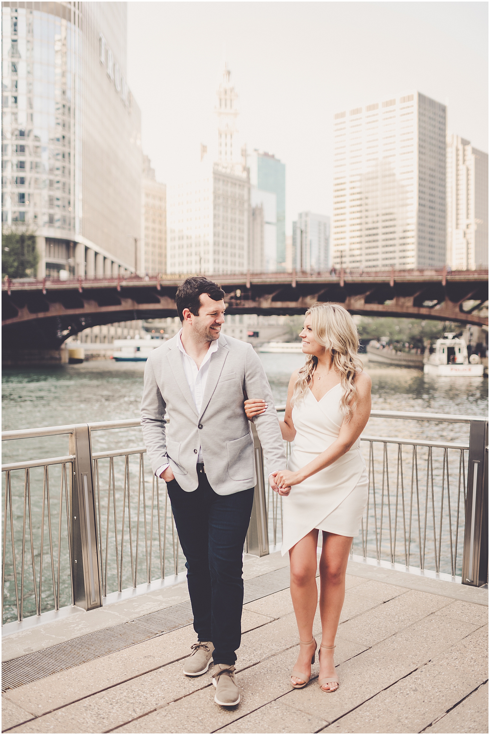 Shelby & Tim's riverwalk and Milton Lee Olive Park engagement photos in Chicago with Chicago wedding photographer Kara Evans Photographer.