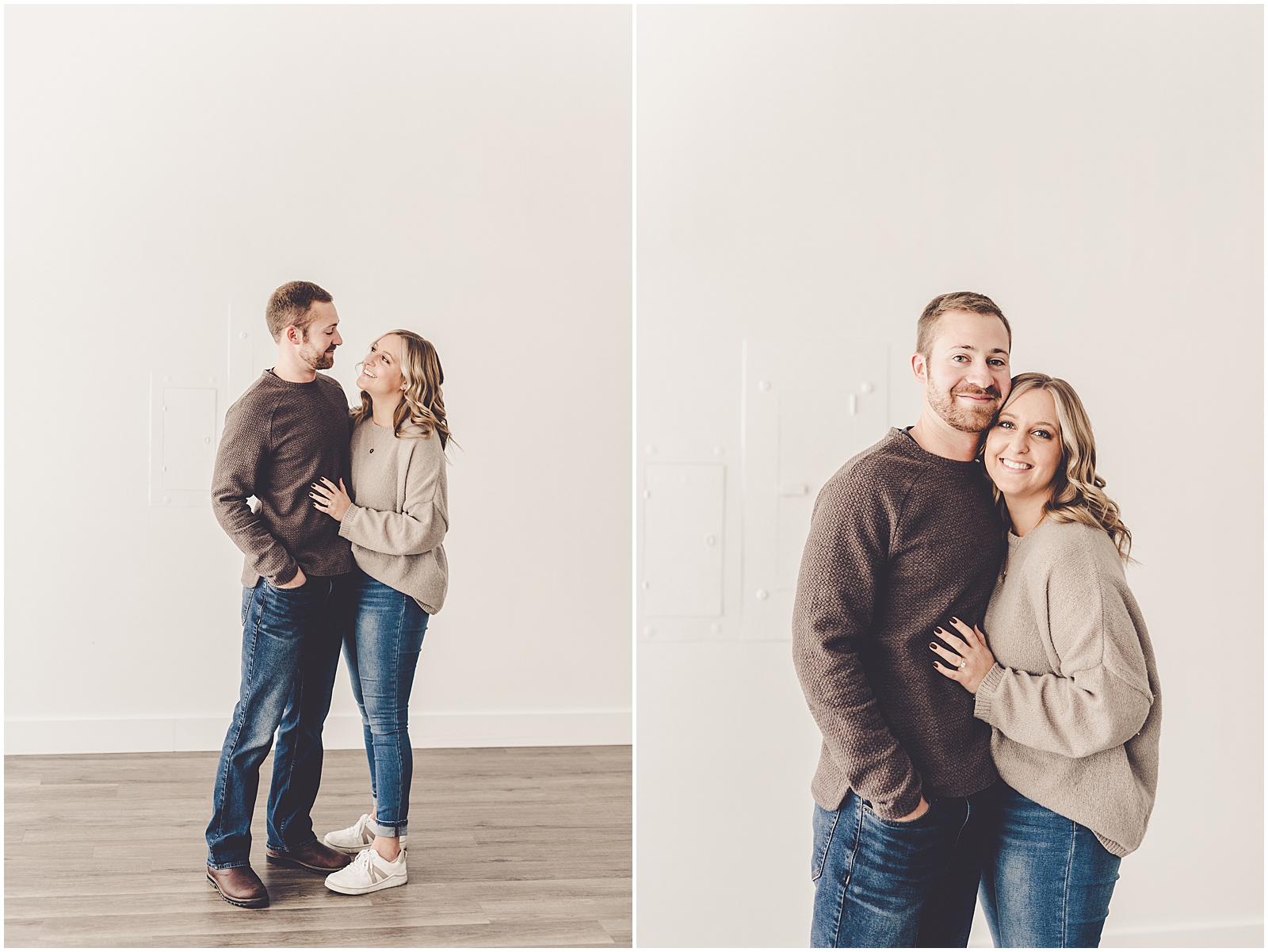 Abby and Max's studio and tree farm engagement photos in Kankakee, Illinois with Chicagoland wedding photographer Kara Evans Photographer.