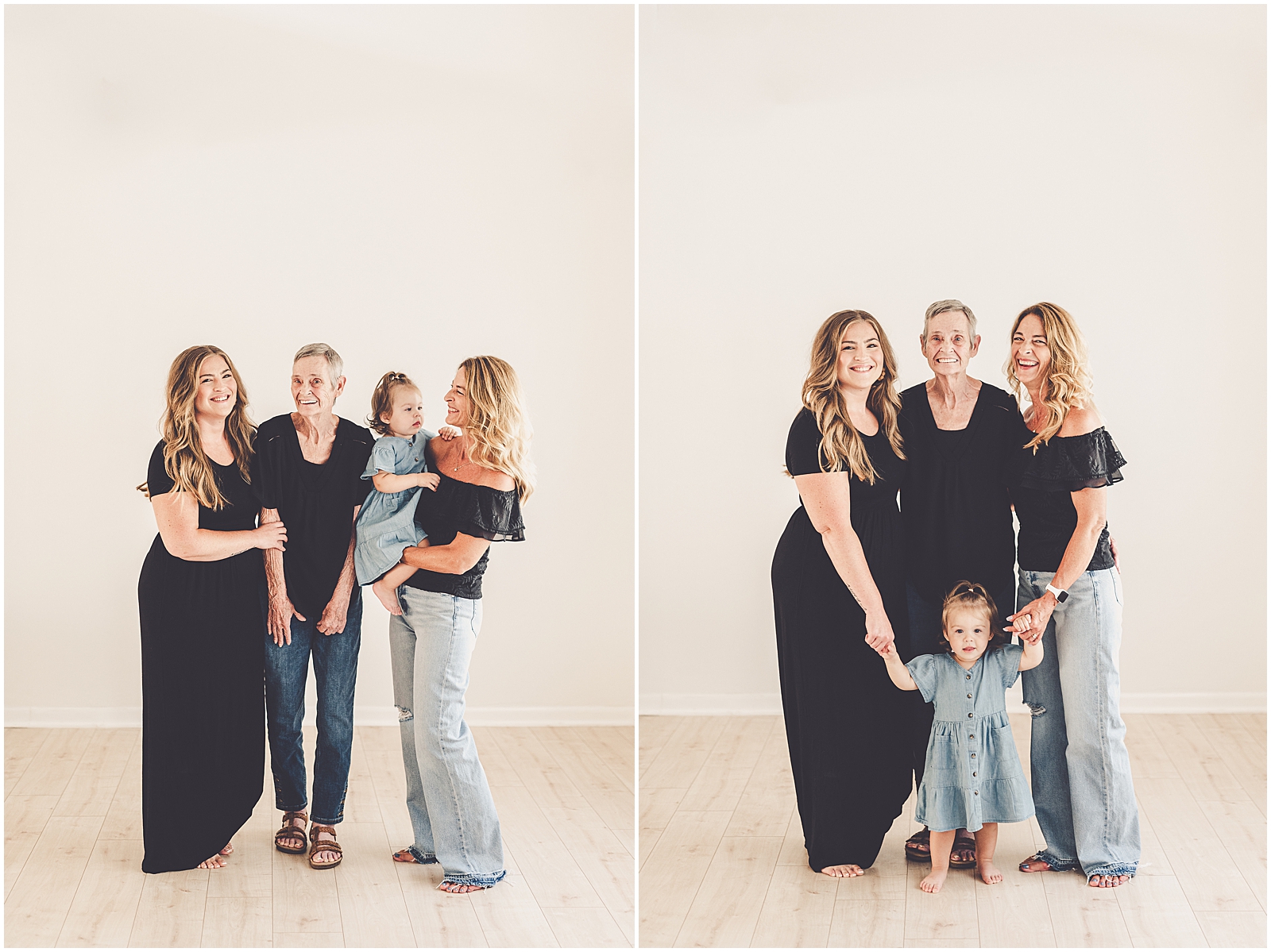 Studio four-generation photo session for the Stalf, Grogan, & Fryman family with Kankakee family photographer Kara Evans Photographer.
